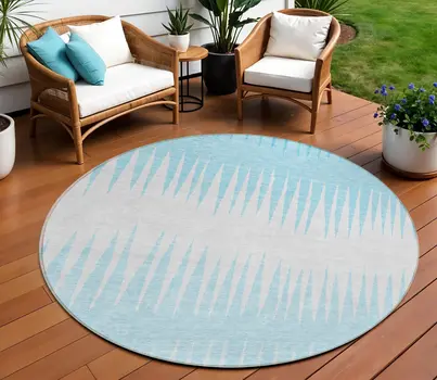 8' Sky Blue And Gray Round Striped Washable Indoor Outdoor Area Rug