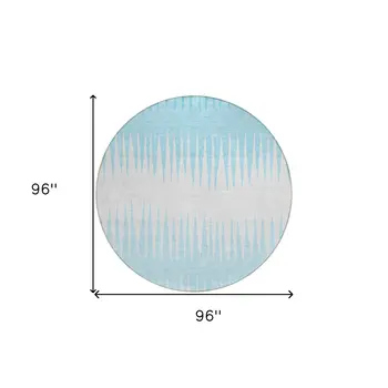 8' Sky Blue And Gray Round Striped Washable Indoor Outdoor Area Rug