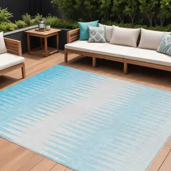 10' X 14' Sky Blue And Gray Striped Washable Indoor Outdoor Area Rug