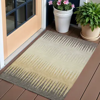 3' X 5' Taupe Beige And Gray Striped Washable Indoor Outdoor Area Rug