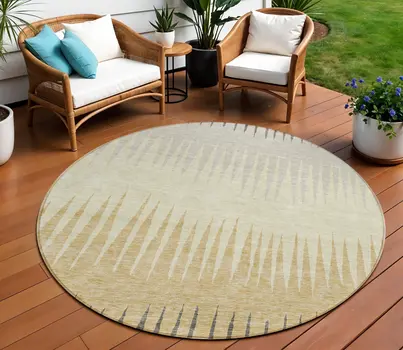 8' Taupe Beige And Gray Round Striped Washable Indoor Outdoor Area Rug