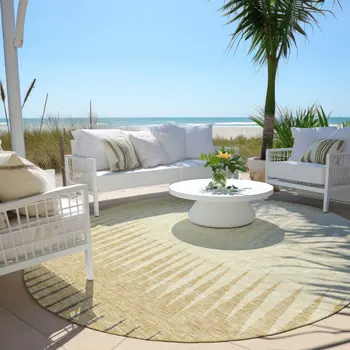 8' Taupe Beige And Gray Round Striped Washable Indoor Outdoor Area Rug