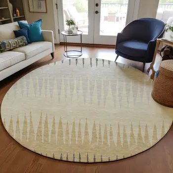8' Taupe Beige And Gray Round Striped Washable Indoor Outdoor Area Rug
