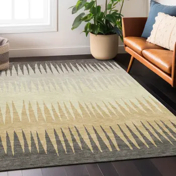 8' X 10' Taupe Beige And Gray Striped Washable Indoor Outdoor Area Rug