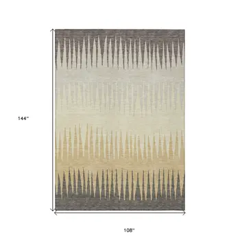 9' X 12' Taupe Beige And Gray Striped Washable Indoor Outdoor Area Rug