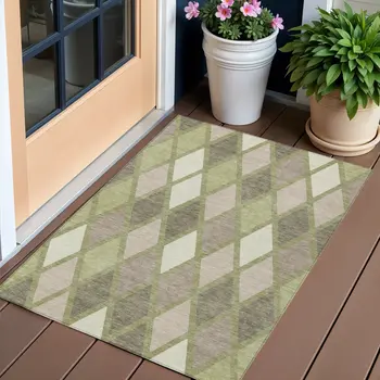 3' X 5' Artichoke Green Beige And Ivory Geometric Washable Indoor Outdoor Area Rug