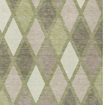 3' X 5' Artichoke Green Beige And Ivory Geometric Washable Indoor Outdoor Area Rug
