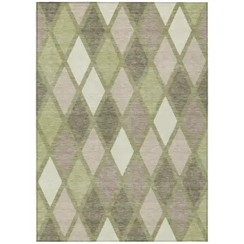 5' X 8' Artichoke Green Beige And Ivory Geometric Washable Indoor Outdoor Area Rug