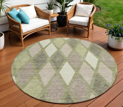 8' Artichoke Green Beige And Ivory Round Geometric Washable Indoor Outdoor Area Rug