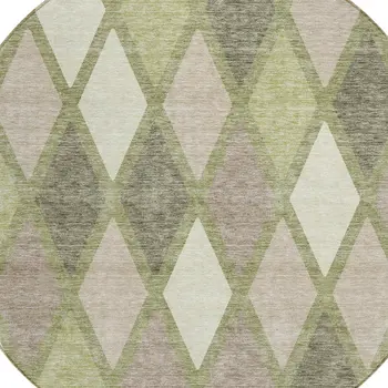 8' Artichoke Green Beige And Ivory Round Geometric Washable Indoor Outdoor Area Rug