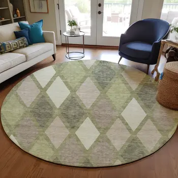 8' Artichoke Green Beige And Ivory Round Geometric Washable Indoor Outdoor Area Rug
