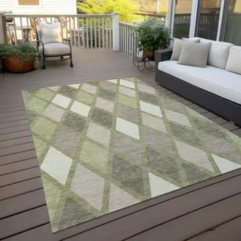 8' X 10' Artichoke Green Beige And Ivory Geometric Washable Indoor Outdoor Area Rug