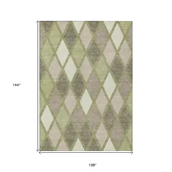 9' X 12' Artichoke Green Beige And Ivory Geometric Washable Indoor Outdoor Area Rug