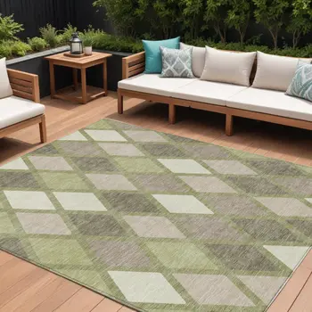 9' X 12' Artichoke Green Beige And Ivory Geometric Washable Indoor Outdoor Area Rug