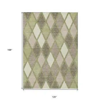 10' X 14' Artichoke Green Beige And Ivory Geometric Washable Indoor Outdoor Area Rug
