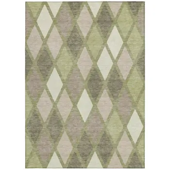 10' X 14' Artichoke Green Beige And Ivory Geometric Washable Indoor Outdoor Area Rug