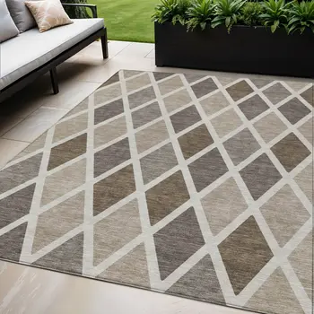 5' X 8' Beige Gray And Brown Geometric Washable Indoor Outdoor Area Rug