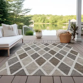 5' X 8' Beige Gray And Brown Geometric Washable Indoor Outdoor Area Rug