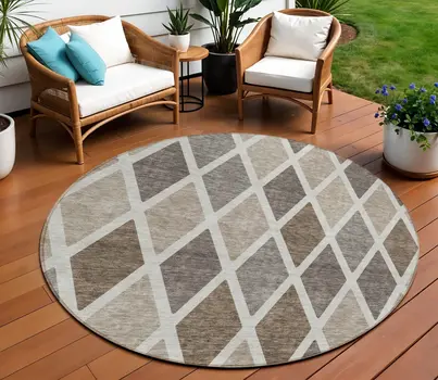 8' Beige Gray And Brown Round Geometric Washable Indoor Outdoor Area Rug