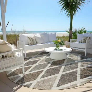 8' Beige Gray And Brown Round Geometric Washable Indoor Outdoor Area Rug