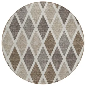 8' Beige Gray And Brown Round Geometric Washable Indoor Outdoor Area Rug