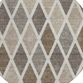 8' Beige Gray And Brown Round Geometric Washable Indoor Outdoor Area Rug