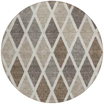 8' Beige Gray And Brown Round Geometric Washable Indoor Outdoor Area Rug