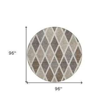 8' Beige Gray And Brown Round Geometric Washable Indoor Outdoor Area Rug