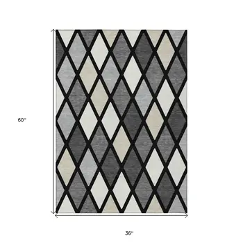 3' X 5' Black Gray And Ivory Geometric Washable Indoor Outdoor Area Rug