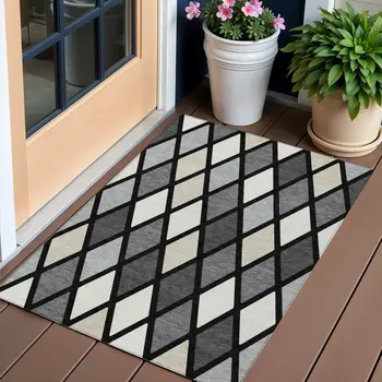 3' X 5' Black Gray And Ivory Geometric Washable Indoor Outdoor Area Rug