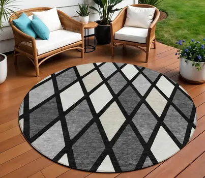 8' Black Gray And Ivory Round Geometric Washable Indoor Outdoor Area Rug