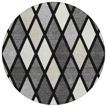 8' Black Gray And Ivory Round Geometric Washable Indoor Outdoor Area Rug