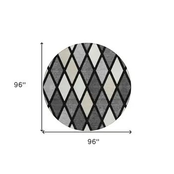 8' Black Gray And Ivory Round Geometric Washable Indoor Outdoor Area Rug