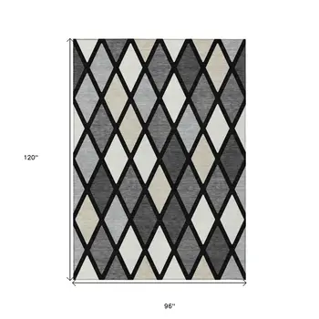 8' X 10' Black Gray And Ivory Geometric Washable Indoor Outdoor Area Rug