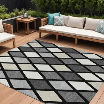 9' X 12' Black Gray And Ivory Geometric Washable Indoor Outdoor Area Rug