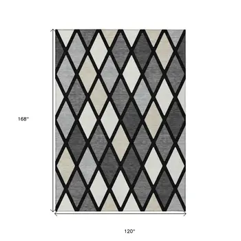 10' X 14' Black Gray And Ivory Geometric Washable Indoor Outdoor Area Rug