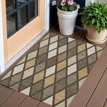 3' X 5' Brown Beige And Ivory Geometric Washable Indoor Outdoor Area Rug