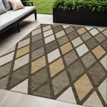 5' X 8' Brown Beige And Ivory Geometric Washable Indoor Outdoor Area Rug