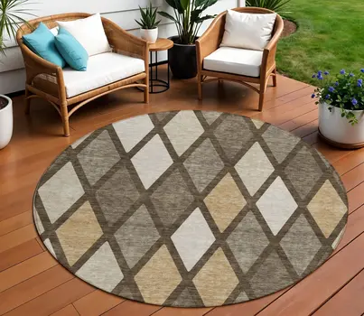 8' Brown Beige And Ivory Round Geometric Washable Indoor Outdoor Area Rug