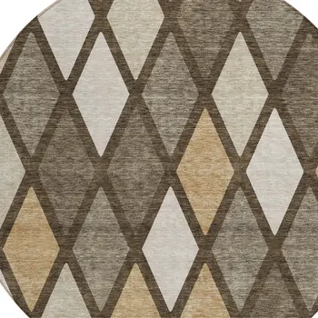 8' Brown Beige And Ivory Round Geometric Washable Indoor Outdoor Area Rug