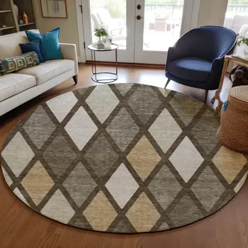 8' Brown Beige And Ivory Round Geometric Washable Indoor Outdoor Area Rug