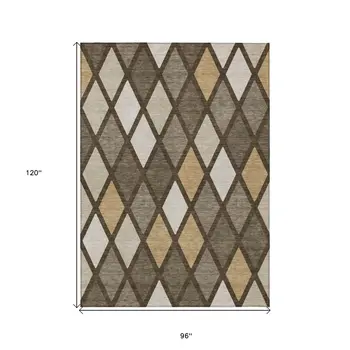 8' X 10' Brown Beige And Ivory Geometric Washable Indoor Outdoor Area Rug