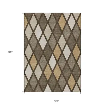 10' X 14' Brown Beige And Ivory Geometric Washable Indoor Outdoor Area Rug