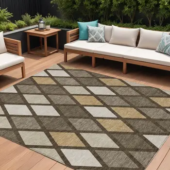 10' X 14' Brown Beige And Ivory Geometric Washable Indoor Outdoor Area Rug