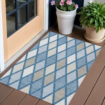 3' X 5' Denim Blue Beige And Ivory Geometric Washable Indoor Outdoor Area Rug