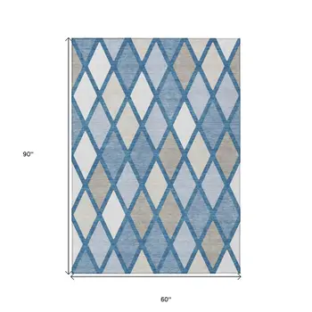 5' X 8' Denim Blue Beige And Ivory Geometric Washable Indoor Outdoor Area Rug