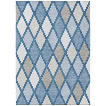 5' X 8' Denim Blue Beige And Ivory Geometric Washable Indoor Outdoor Area Rug