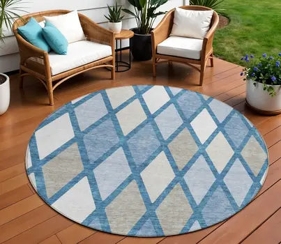 8' Denim Blue Beige And Ivory Round Geometric Washable Indoor Outdoor Area Rug