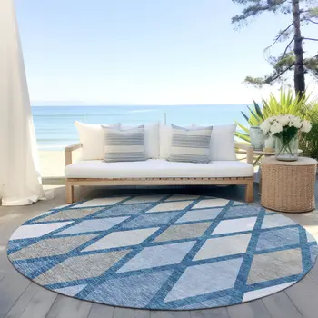 8' Denim Blue Beige And Ivory Round Geometric Washable Indoor Outdoor Area Rug
