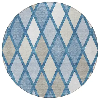 8' Denim Blue Beige And Ivory Round Geometric Washable Indoor Outdoor Area Rug